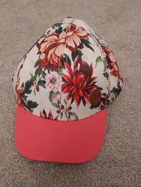Floral Baseball Cap with Coral Pink Bill